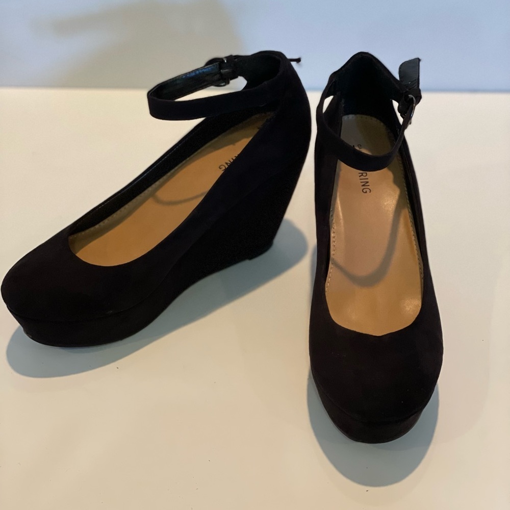 Black wedges with ankle strap. Size 7